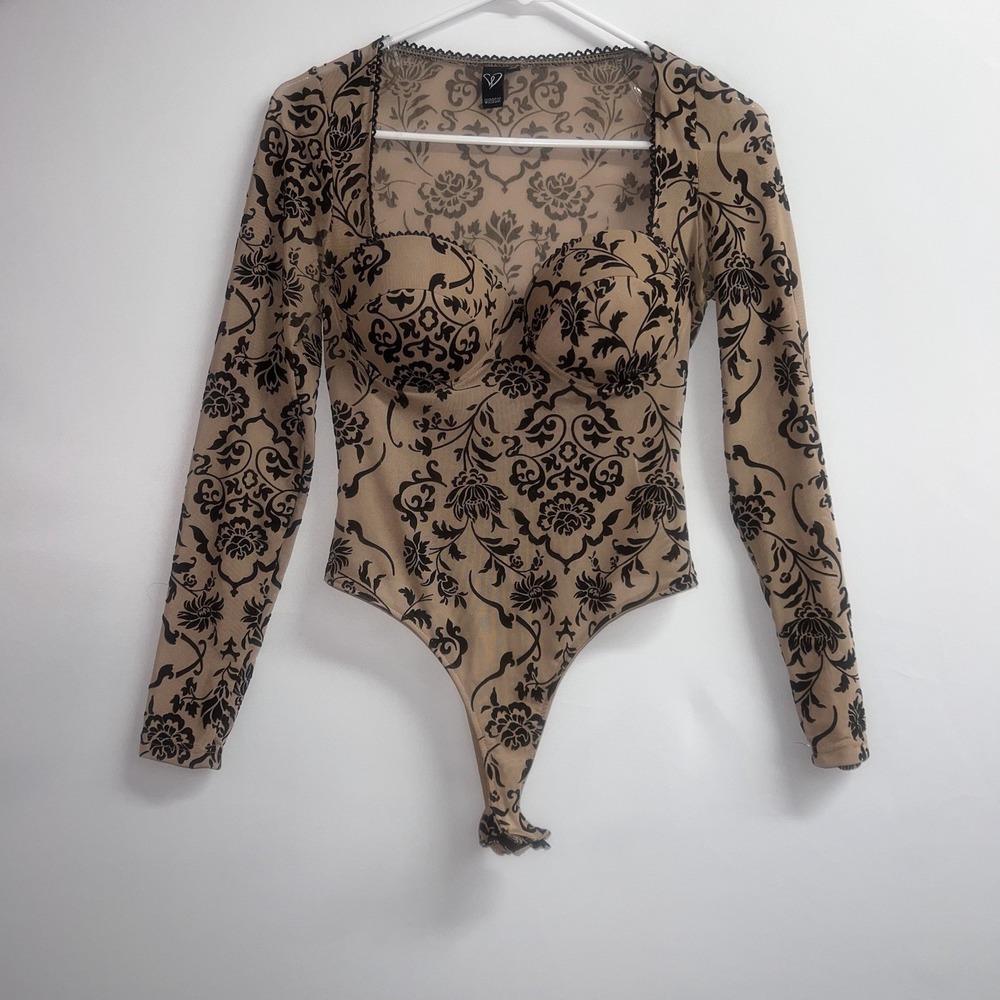Windsor Beige Black Floral  Bodysuit One Piece sheer‎ Size M